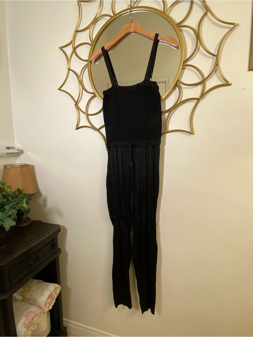 Chaser Womens XS Black One Piece Satin Jumpsuit Adjustable Straps Smocked Bodice